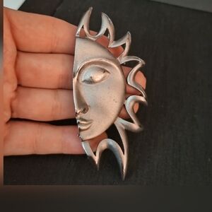 Silver Sun Face Brooch